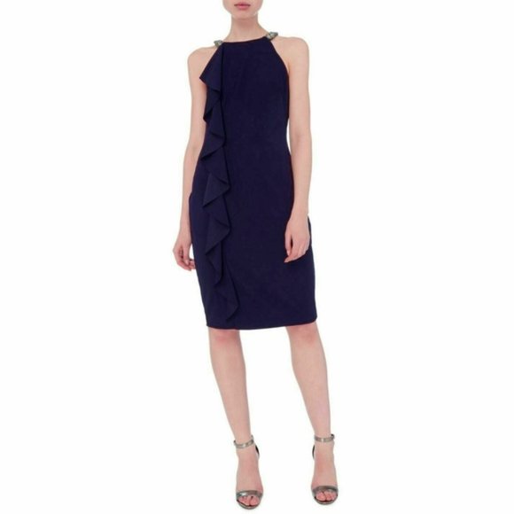 Lauren Ralph Lauren Knoelyn Ruffled Cocktail Sheath Dress Navy Beaded Halter. 6 - Picture 6 of 6